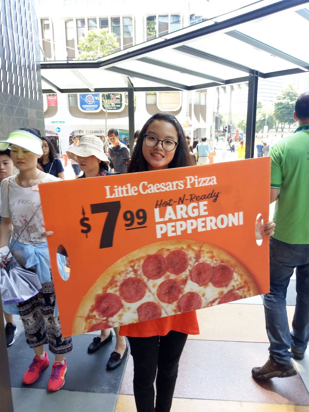 funan caesar pizza walkway distribution flyer distributor holding ad board